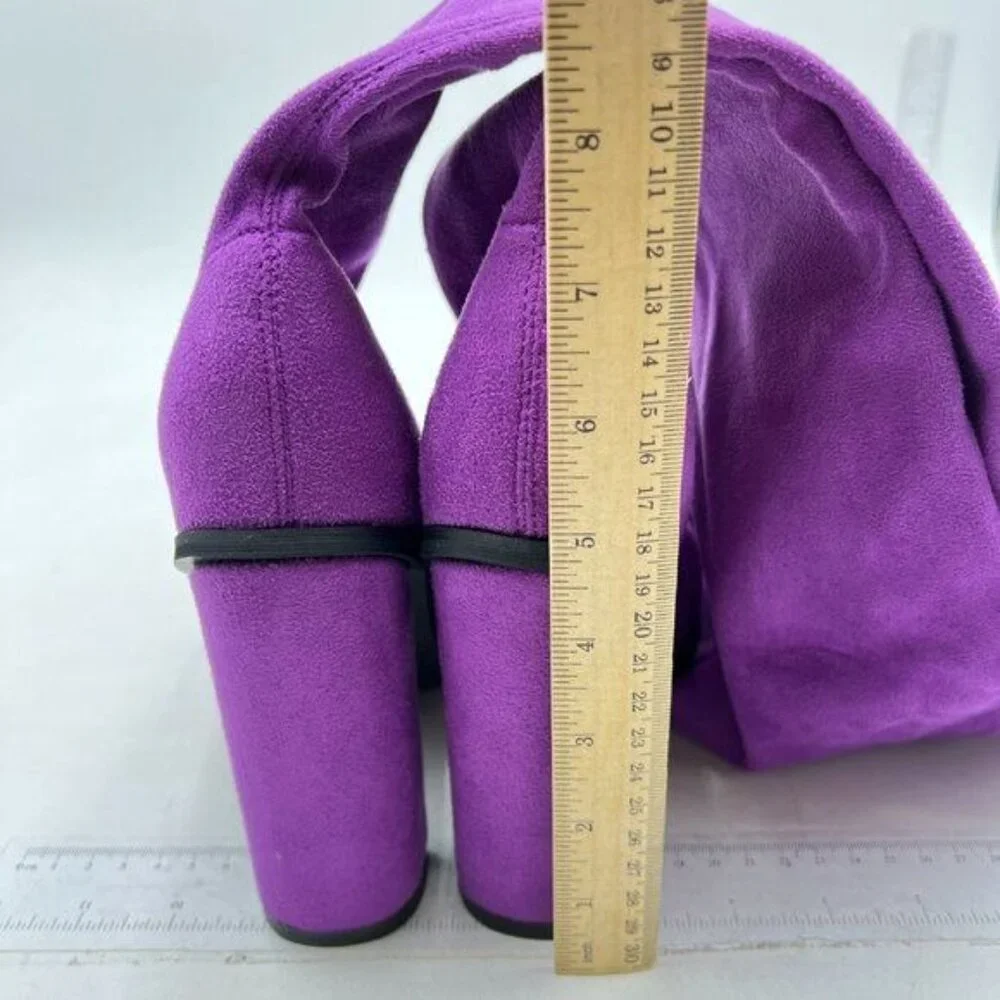 Women's Side Zipper Chunky Heel Knee High Boots Suede Long Boots Purple